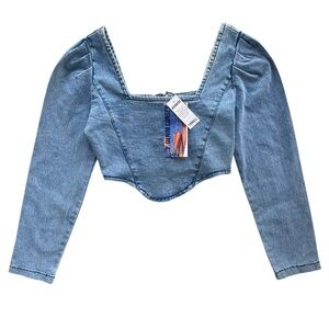 Thrill Jeans Women’s Large Light Novelty Wash Denim, Long Sleeve Corset Crop Top